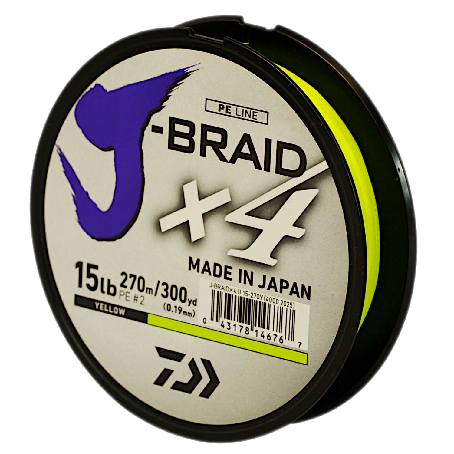 Daiwa J-Braid X4 Braided Fishing Line, 6.8KG/15LB .19MM, Colour Yellow,  270m Spool - Showspace